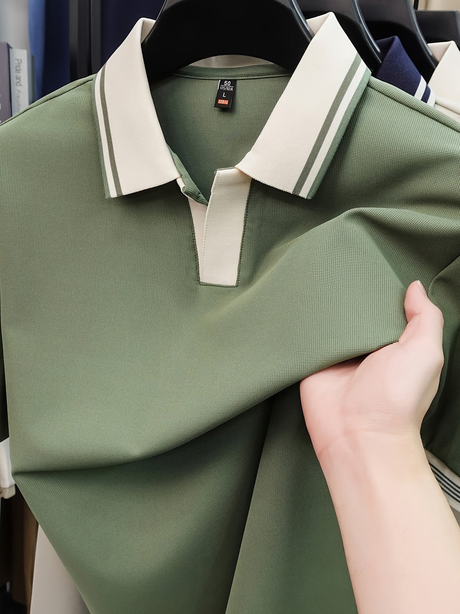 New Summer V-Neck Buttonless Lapel High-Stretch Short-Sleeve Men's T-Shirt, Fashionable Casual Sport Quick-Dry Men's Shirt, Skin-Friendly and Cool, Y Smooth Breathable Men's Top TX16215 - Green