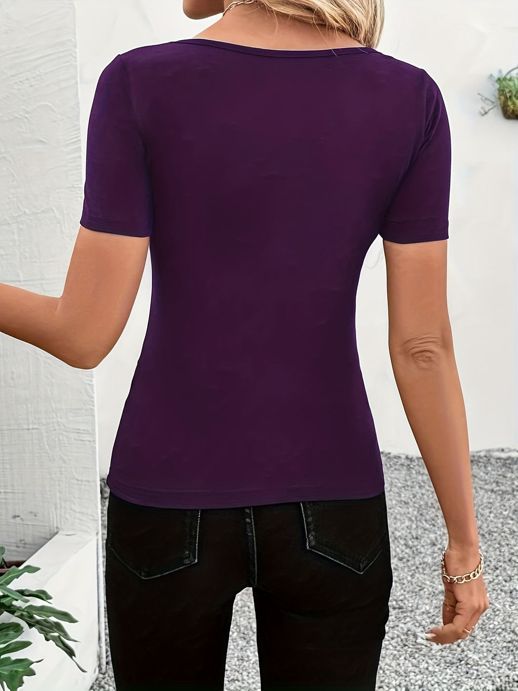 Women's Summer Shell Trim T-Shirt V-Neck Short Sleeve Fitted Sexy Top - Purple