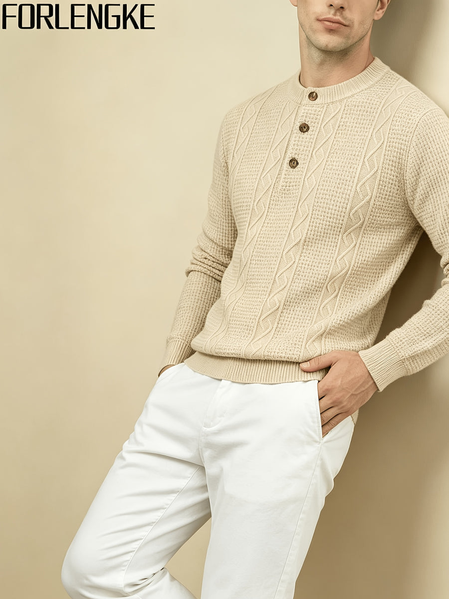 FORLENGKE Men's Button-Front Henry Collar Sweater - Stretch Knit Button Placket Pullover, Cable & Waffle Texture Long Sleeve Round Neck Sweater Suitable for Layering, Winter Warmth, Casual Outfits, Dates, Parties (Solid Color) - Apricot