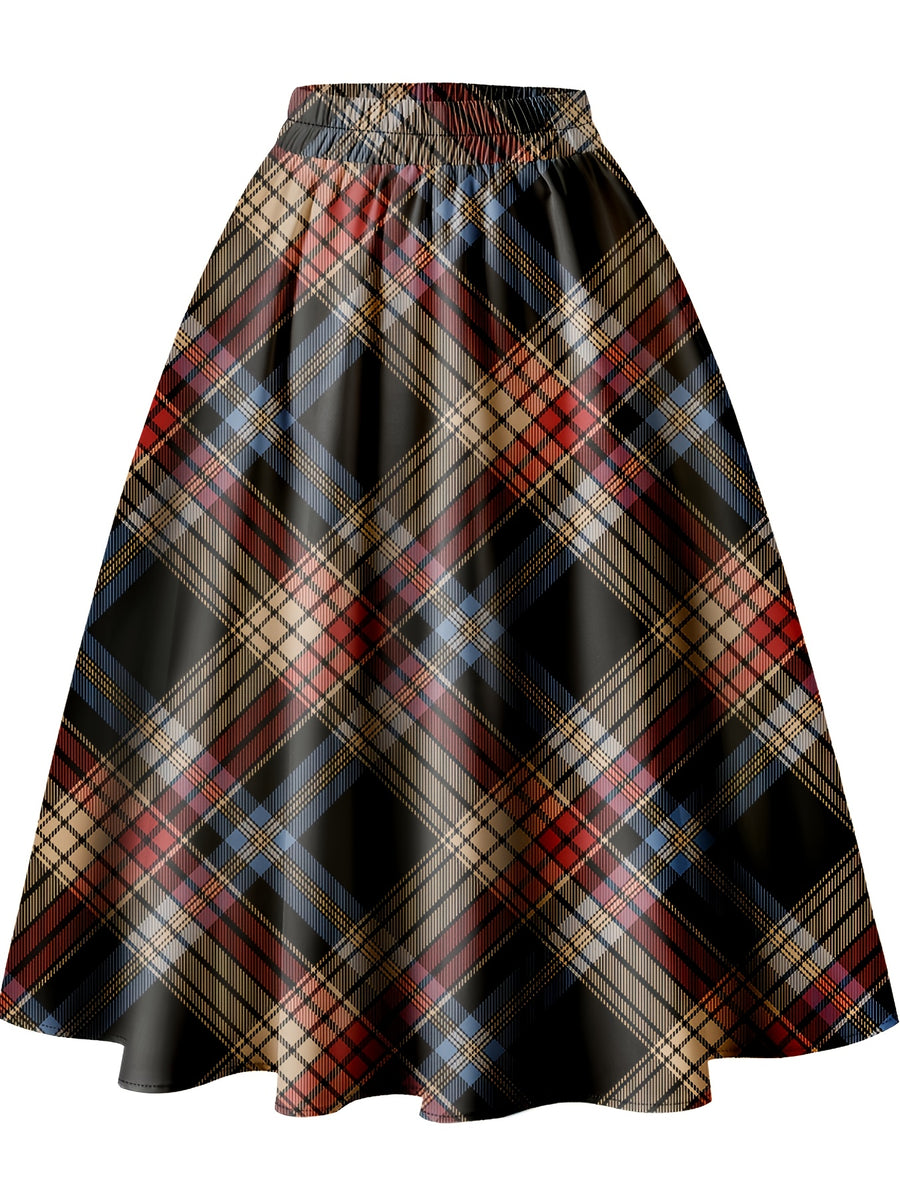 Classic Plaid Print Elastic Waist Skirt, A-line Flared Skirt for Women - Maroon