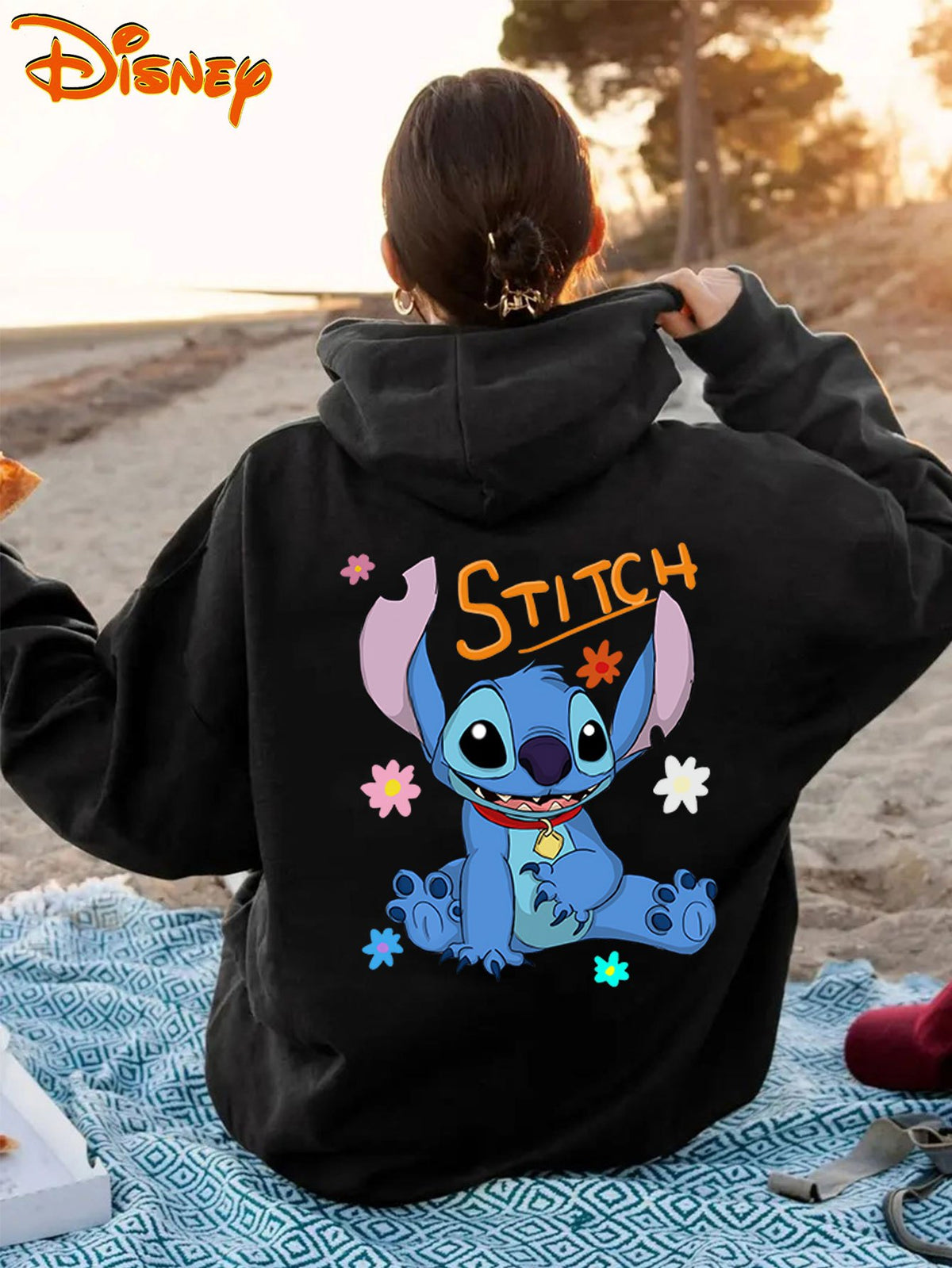 Disney Licensed Women'S Casual Hooded Sweatshirt with Prints And Text, Stitch Cartoon Character with Floral Elements, Disney Multiple Print Women'S Hooded Sweatshirt, Women'S Drawstring Hooded Sweatshirt with Pockets - Black