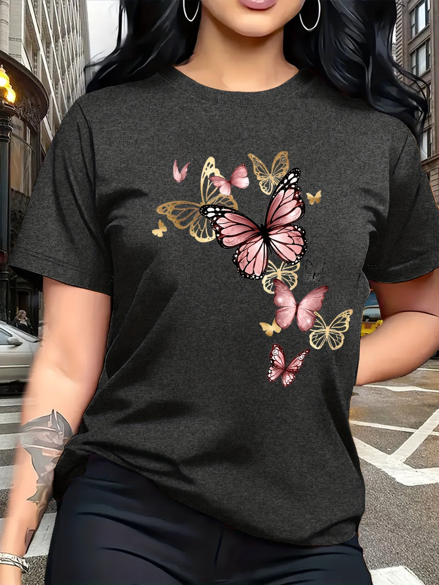 Watercolor Style Butterfly Pattern Print, Fashion Breathable T-Shirt, Family Travel, Campus, Casual, Daily Commute, Sisters' Matching Outfit, Versatile T-Shirt - Dark Gray