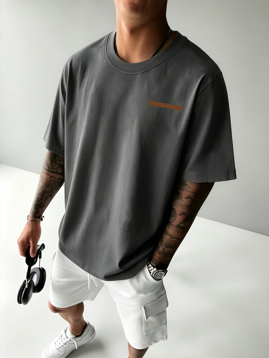Men's Trendy Short-Sleeve T-Shirt with Minimalist Brown Long Strip Logo Print on the Chest, Crew Neck Top for Daily Wear - Dark Gray