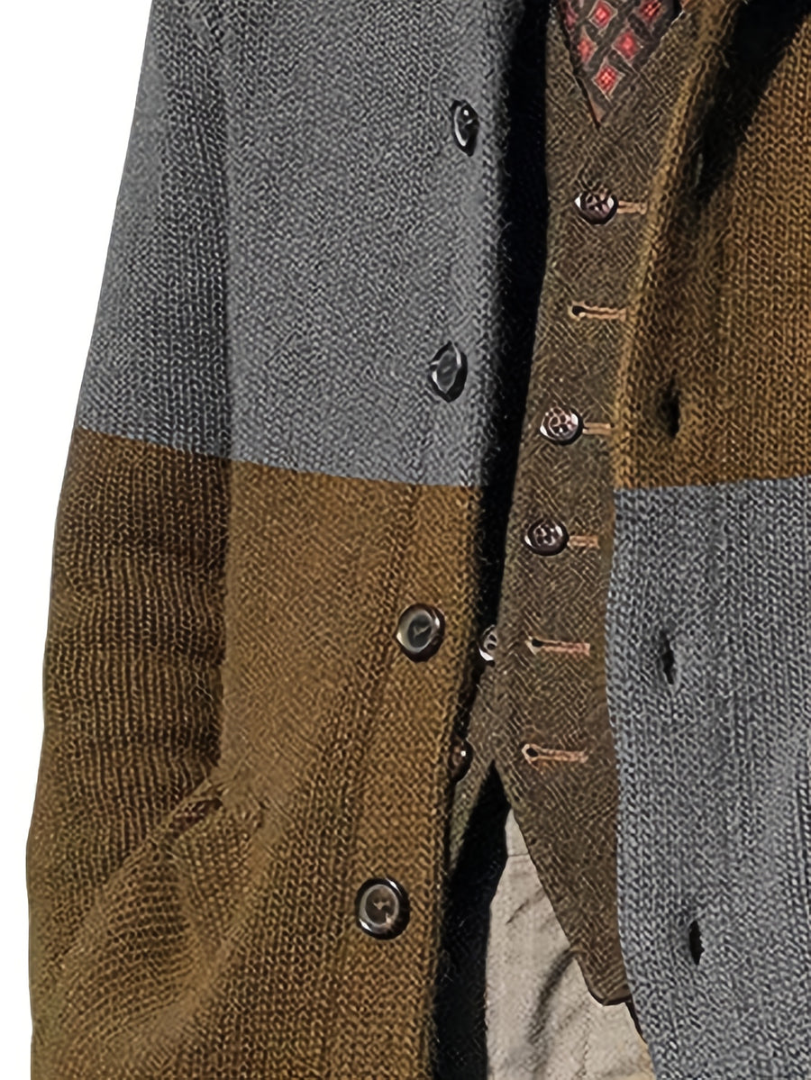 Men's Autumn and Winter New Style Lapel Single Breasted Cardigan Color Blocked Fashionable Casual Business Versatile Slim Fit Skin Friendly Comfortable Soft Warm Long Sleeved Pocket Durable Sports Vitality Simple Knitted Sweater - Dark Gray