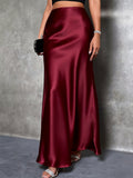 Women'S Elegant Slit Maxi Skirt - Satin Texture Christmas & Valentine'S Day Date Outfit, Suitable for Winter Holiday Parties & Office, Machine-Washable Luxury Design, High-End And Temperament-Enhancing with Festive Charm - Red