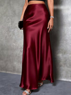 Women'S Elegant Slit Maxi Skirt - Satin Texture Christmas & Valentine'S Day Date Outfit, Suitable for Winter Holiday Parties & Office, Machine-Washable Luxury Design, High-End And Temperament-Enhancing with Festive Charm - Red