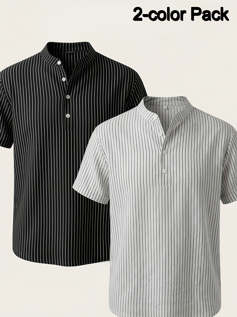 Josh Rose OBM 2pcs Men's Henley Shirts, Men's Summer Short Sleeve Regular Fit, Lightweight and Breathable, 95% Linen, Solid and Striped in Black and White, Features 4 Buttons, Suitable for Summer Daily Work, Casual, and Vacation Occasions - Black+White