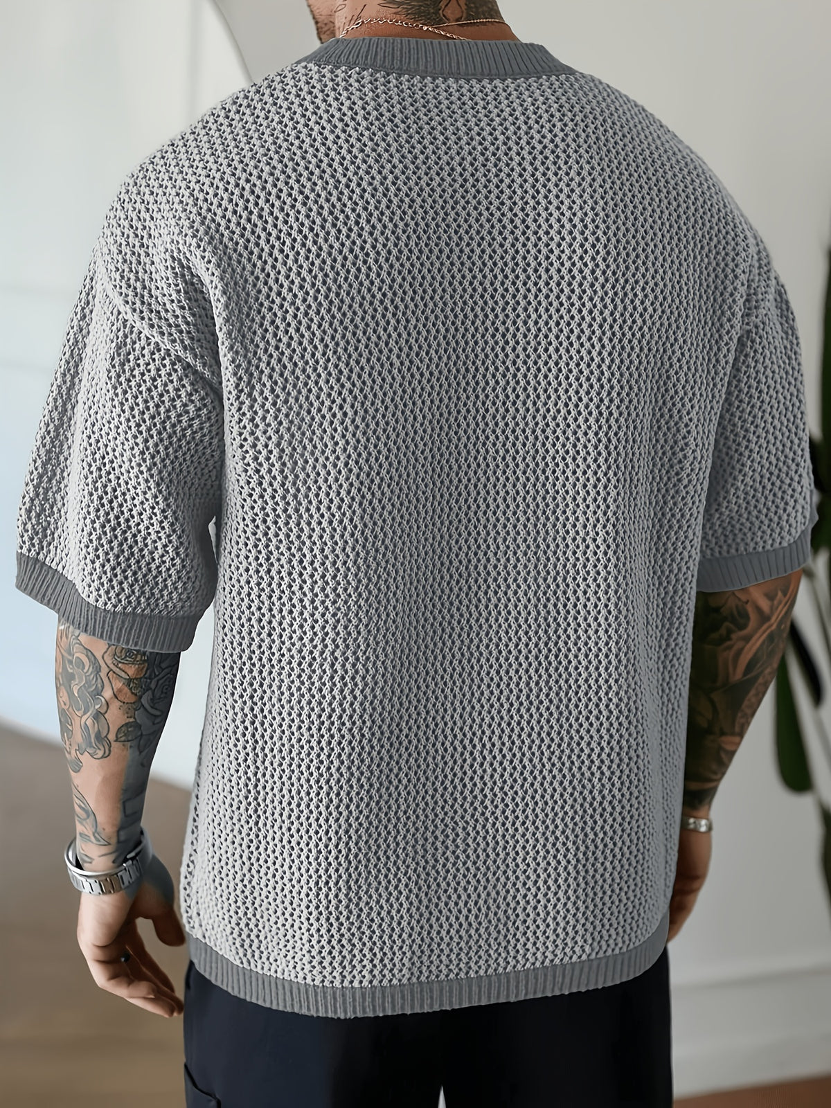 Spring Summer New Men'S Short Sleeve Hollow Loose Knit Pullover Top V-Neck Pullover Casual Outdoor Top - Grey