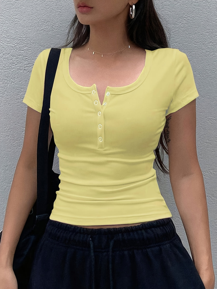 Women's Solid Color Low-Neck Short Sleeve - Yellow
