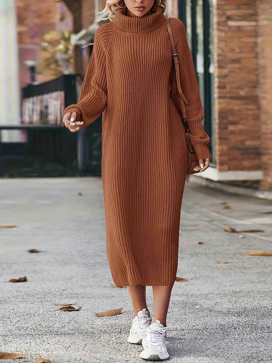 This Autumn and Winter Fashion Solid-color High-neck Long Sweater for Women Is a Casual Style. It Is Suitable for Daily Outings and Dates. It Is Versatile and Practical, and a Must-have for Daily Commutes and Dates - Dark Brown