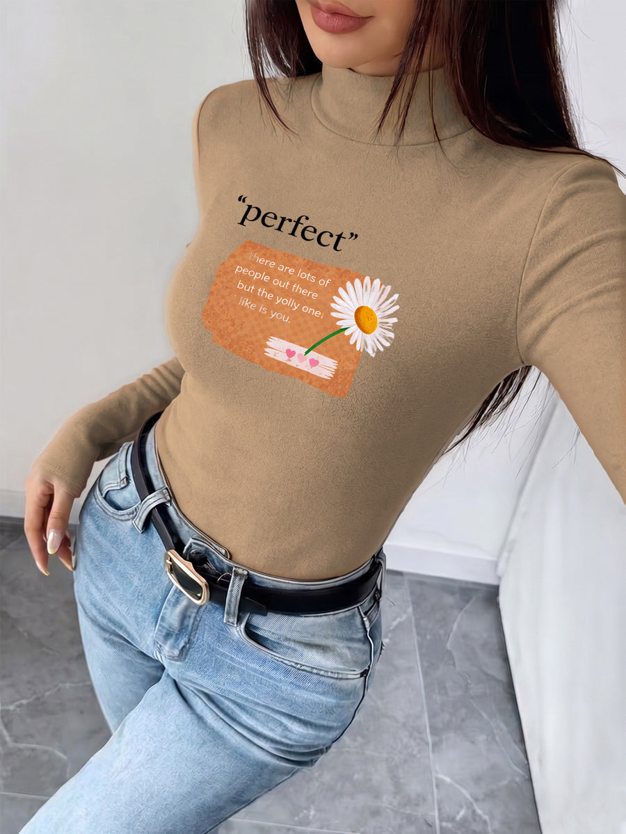 Women'S Autumn Winter New Style Semi-High Neck Fitted Top, Can Be Worn Inside Or Outside, Stretch Fabric, Soft And Skin-Friendly Warm, Easy Waist-Cinching Cut, Casual All-Match "Perfect Floral Design with Colorful Flowers And Inspirational Quote 7.62cm - Khaki