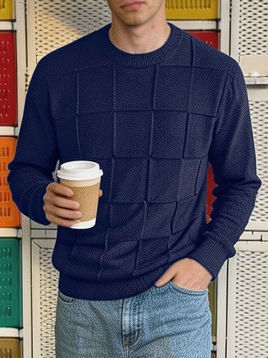 Men'S Round Neck Plaid Textured Knit Sweater, Long Sleeve Soft Lightweight Pullover, Suitable for Business Casual Wear - Shangqing
