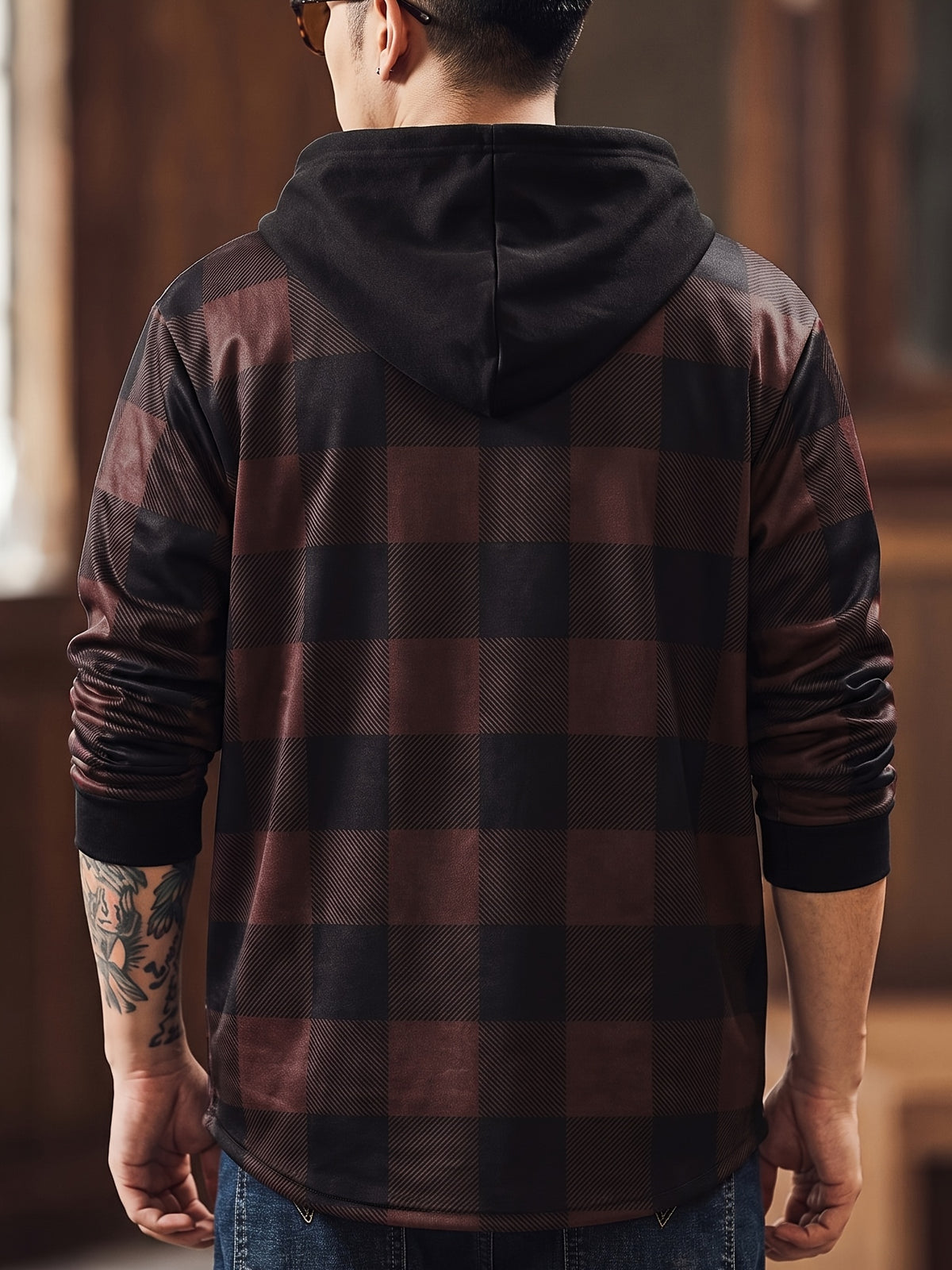 Men's Vintage Plaid Jacket, Men's Casual -Lined Shirt Jacket, Single-Breasted with Hood, Long Sleeve Outerwear, Men's Top, New Spring/Autumn Men's Outerwear - Red