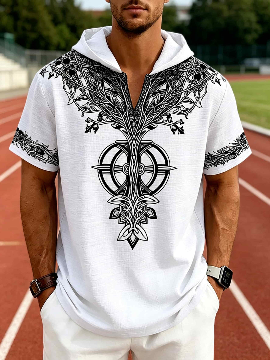 Men's Tree of Life Hooded T-Shirt - European & American Streetwear Style Short-Sleeve Top with Hood, Tree of Life Print, Machine Washable Regular Fit Casual Shirt Suitable for Casual Attire, Brand Label - White