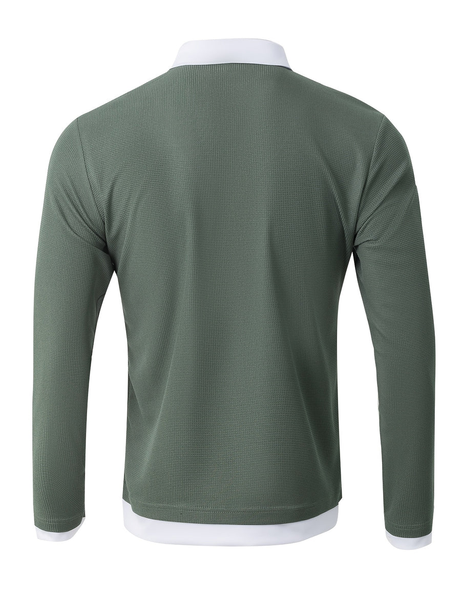 New Men's Textured Waffle Knit Outdoor Casual Fashion Street Sport Shirt, Comfortable, Breathable, and Stylish Men's Apparel - Green