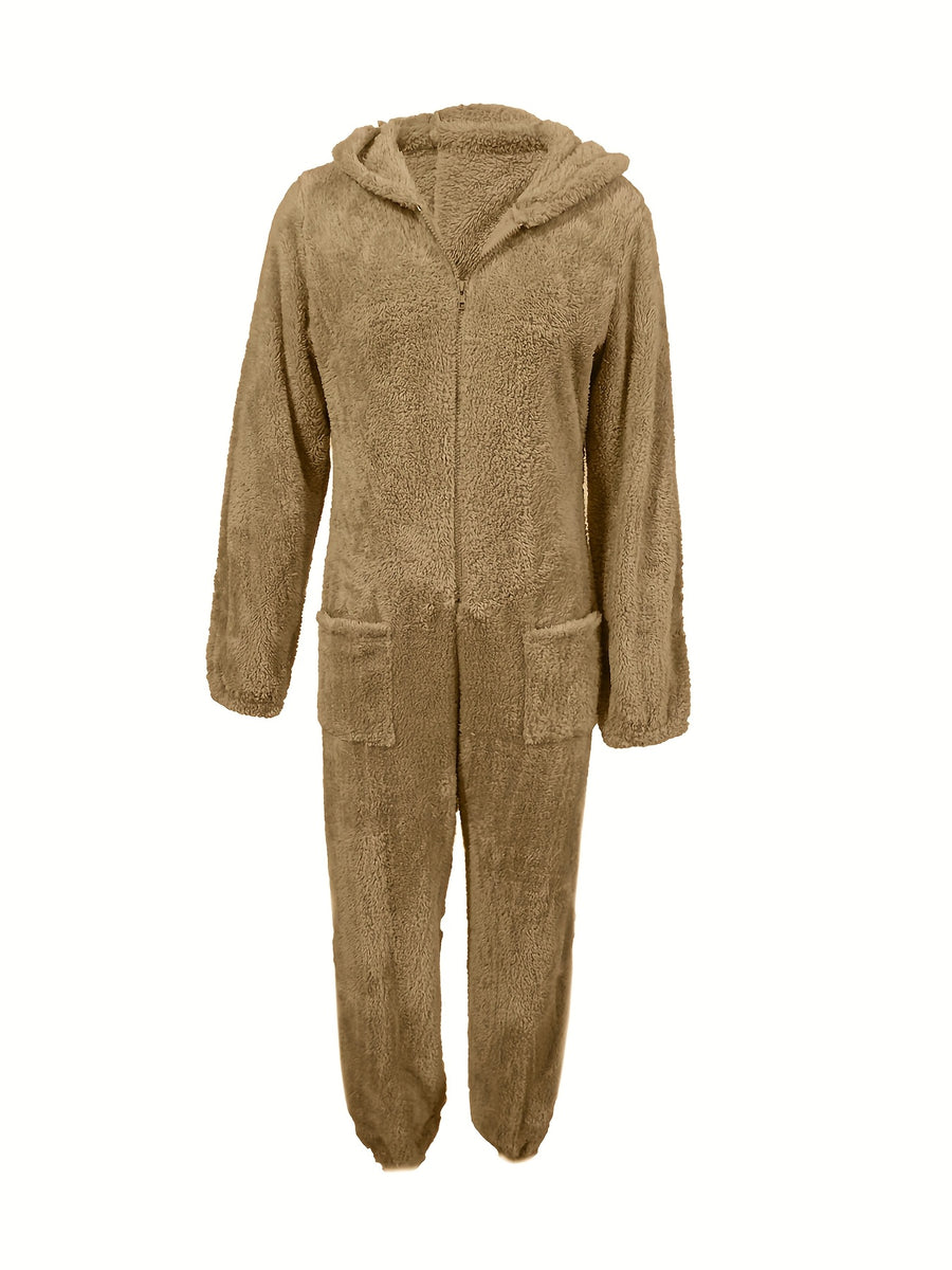 New Autumn/Winter Women's Solid Color Fashionable Warm Double-Sided Jumpsuit, Casual and Versatile Commuter Romper for Women - Linen
