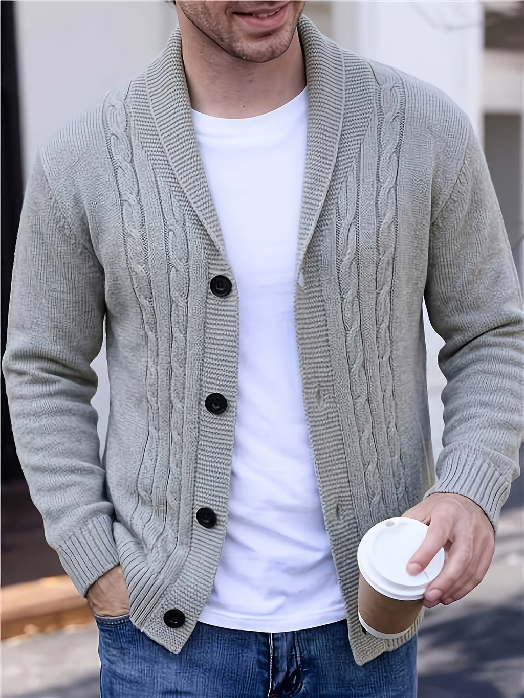 Autumn Winter Men'S New Warm Fashion Versatile Cardigan Sweater Light Mature Old Money Business Style Classic Jacquard Solid Color Green Apple Collar Button-Up Cardigan Knit Sweater Office Work School Commute Vacation Party - Light Grey
