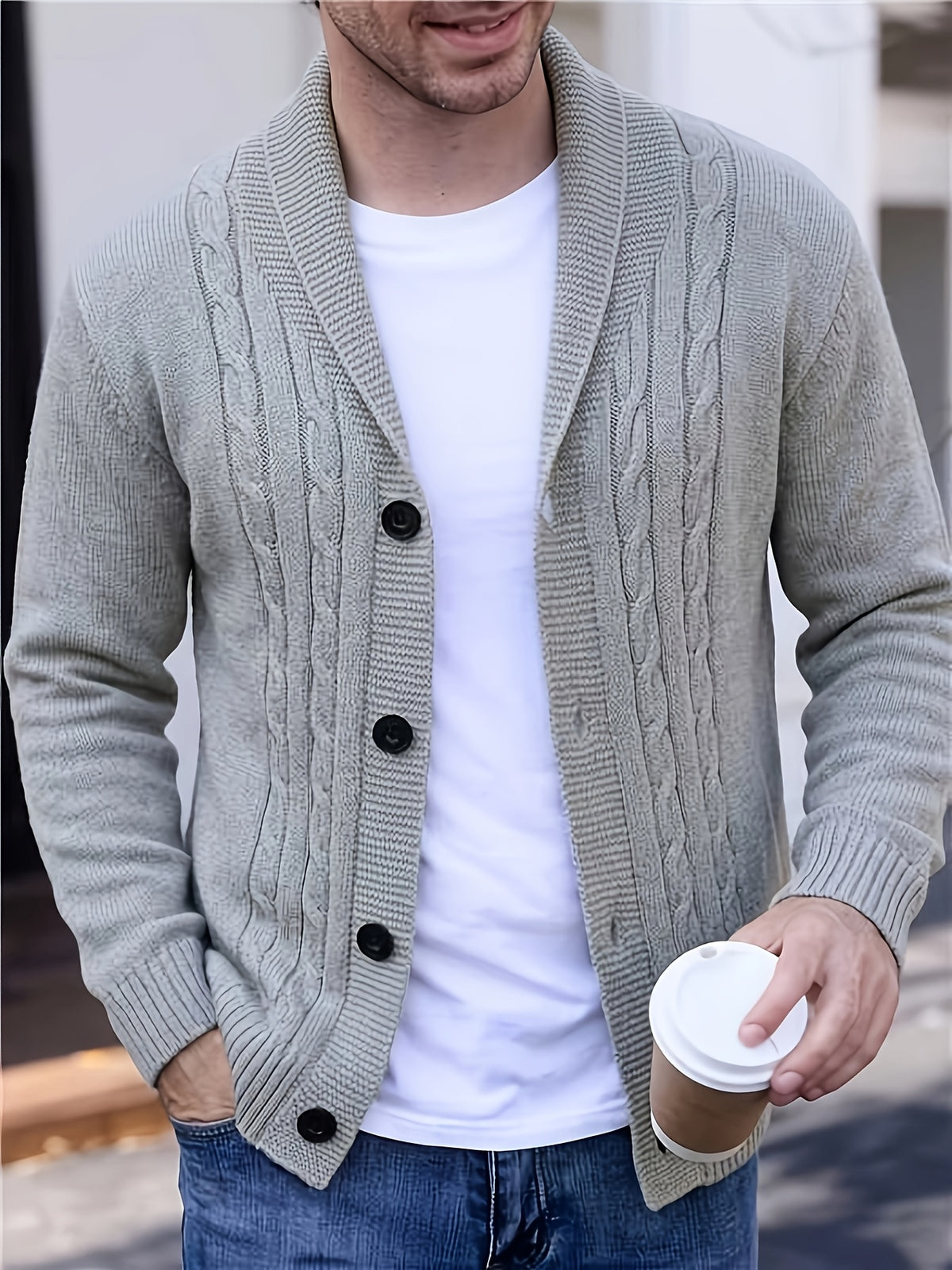 Autumn Winter Men'S New Warm Fashion Versatile Cardigan Sweater Light Mature Old Money Business Style Classic Jacquard Solid Color Green Apple Collar Button-Up Cardigan Knit Sweater Office Work School Commute Vacation Party - Light Grey