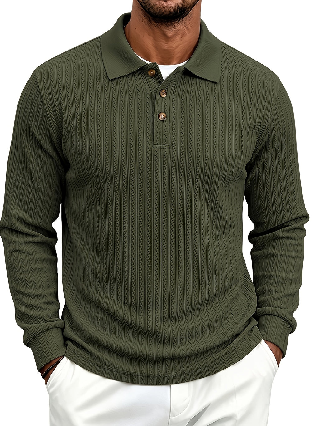 Spring/Autumn Men'S Long Sleeve Polo Shirt, High-Elastic Textured Vertical Rib Jacquard Collar T-Shirt, Business Casual Slim Fit Versatile Solid Color Pullover Top - Green