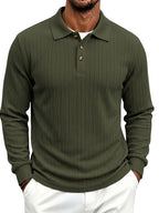 Spring/Autumn Men'S Long Sleeve Polo Shirt, High-Elastic Textured Vertical Rib Jacquard Collar T-Shirt, Business Casual Slim Fit Versatile Solid Color Pullover Top - Green