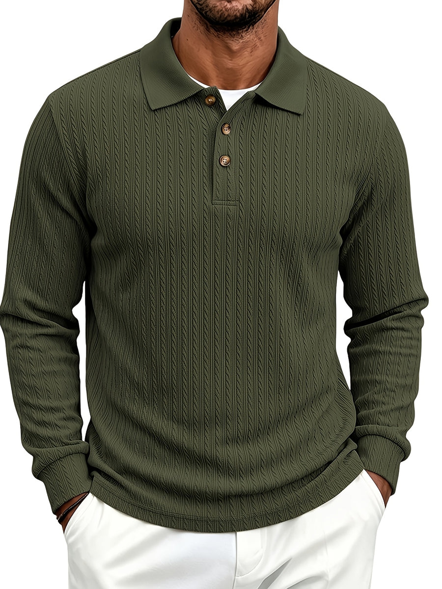 Spring/Autumn Men'S Long Sleeve Polo Shirt, High-Elastic Textured Vertical Rib Jacquard Collar T-Shirt, Business Casual Slim Fit Versatile Solid Color Pullover Top - Green