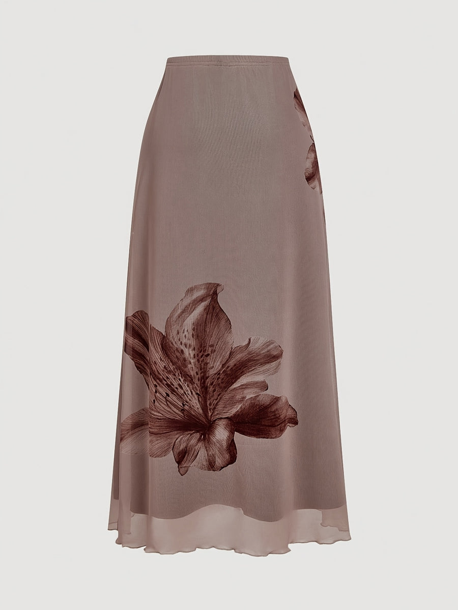 Women's Elegant Floral Print Skirt - ZD260518291 - Camel
