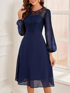 Women's Wedding Bridesmaid Dress, Chiffon Sequin Lace Long Sleeve Midi Cocktail Dress - Navy blue color