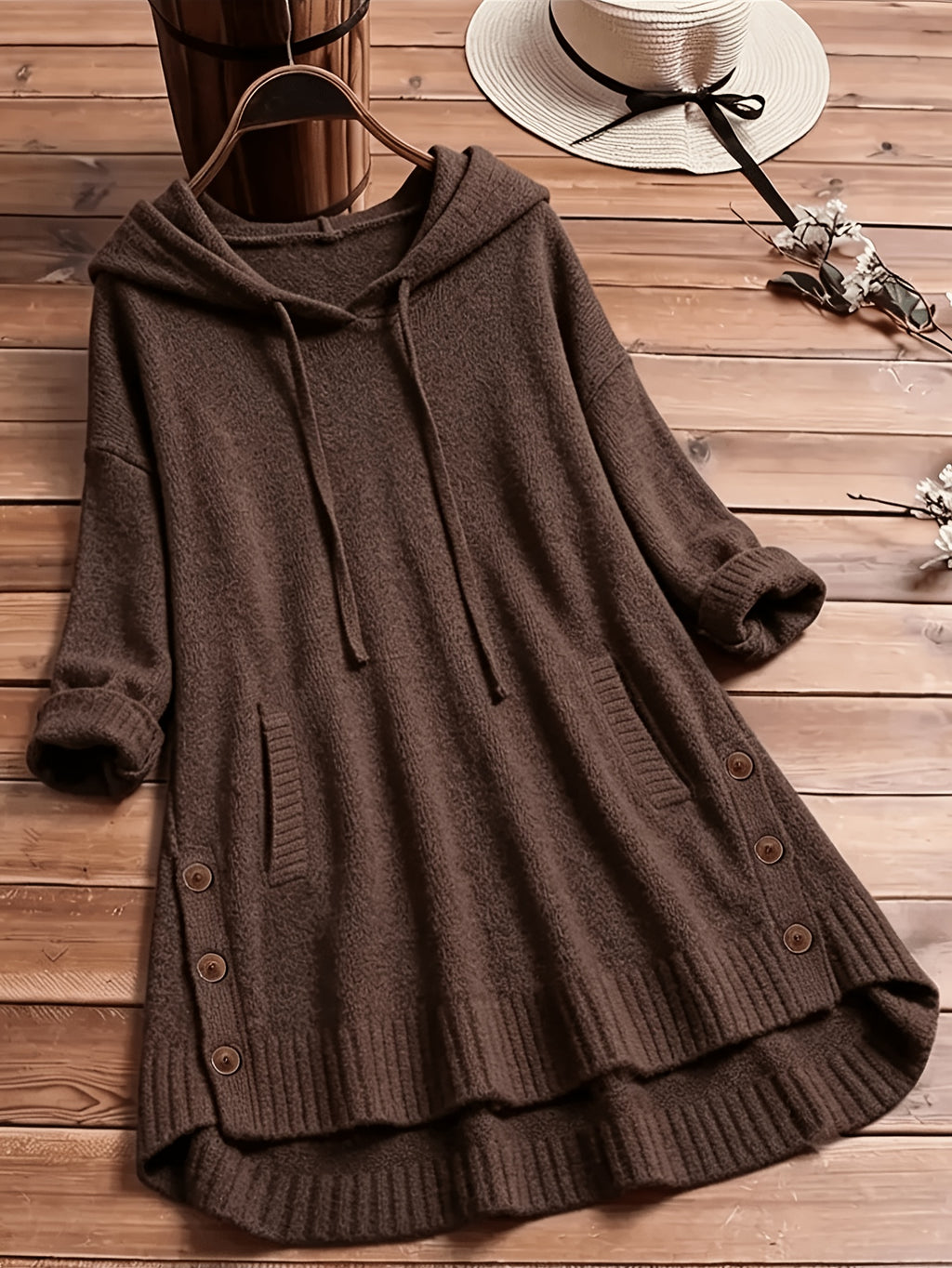 Women'S Elegant Casual Cute Sexy Middle Eastern Style Spring Autumn Solid Color Hooded Long Sleeve Slit Button Front Short Back Long Comfortable Loose Soft Warm Knit Pullover Sweater Top - Coffee Color