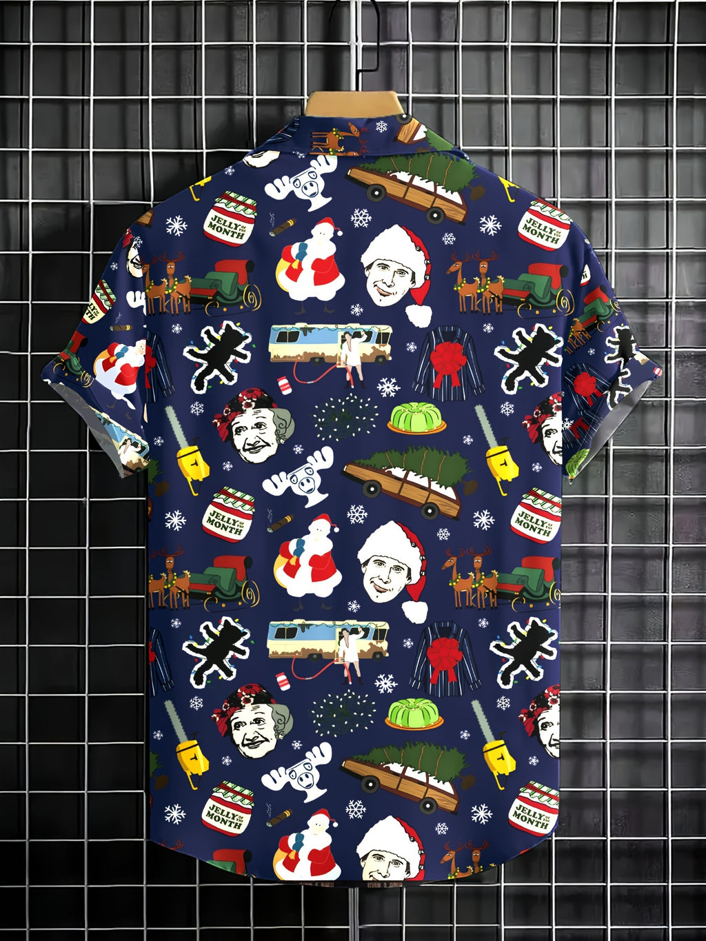 Christmas Print Short Sleeve Shirt, Casual Lapel Collar, 100% Polyester, Comfortable Loose Fit, All-Season Woven Top with Button Detail, 140g/m² Fabric Weight - Mixed colors