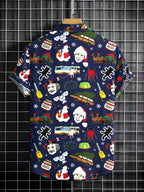 Christmas Print Short Sleeve Shirt, Casual Lapel Collar, 100% Polyester, Comfortable Loose Fit, All-Season Woven Top with Button Detail, 140g/m² Fabric Weight - Mixed colors