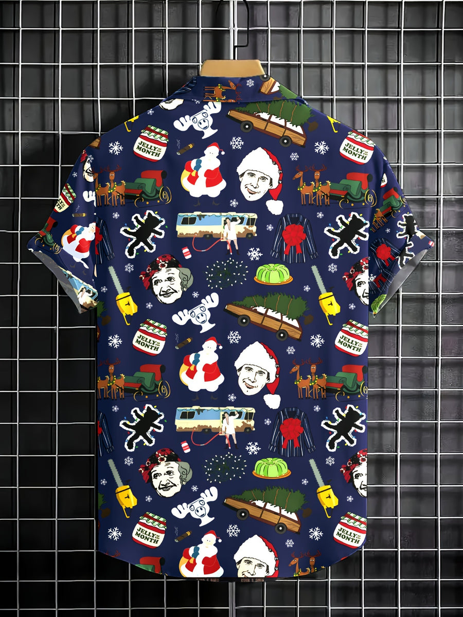Christmas Print Short Sleeve Shirt, Casual Lapel Collar, 100% Polyester, Comfortable Loose Fit, All-Season Woven Top with Button Detail, 140g/m² Fabric Weight - Mixed colors