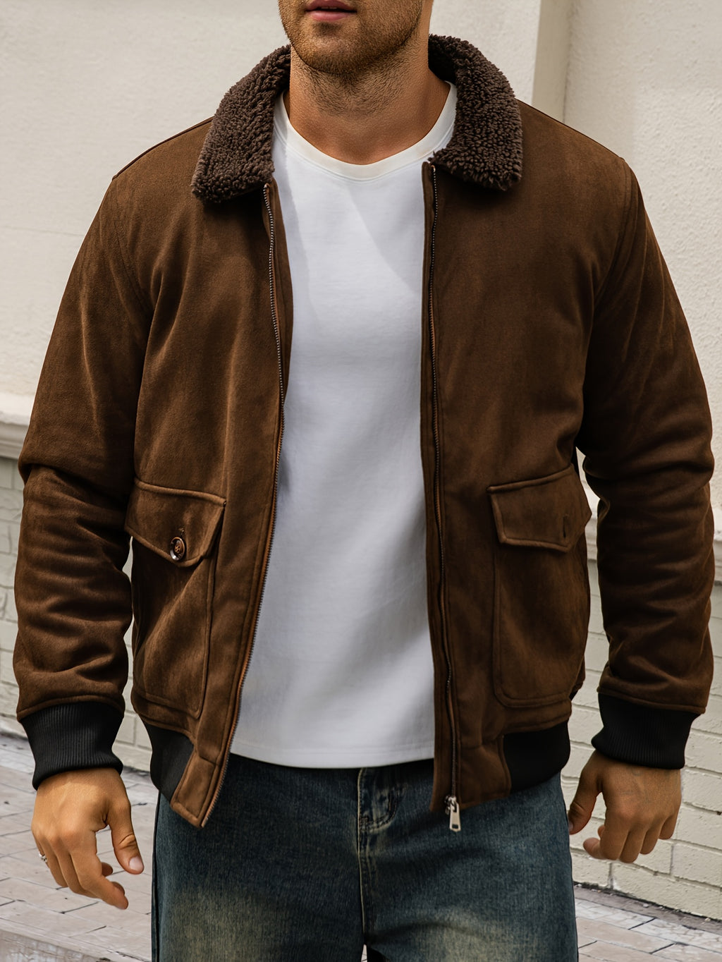 American Retro Motorcycle Jacket, Men's Velvet Lined Pilot Jacket, Warm Collar Full Zipper Jacket, Thick Velvet Jacket, Casual Street Workwear Top, Suitable for Daily Wear in Cold Autumn and Winter - Coffee Color