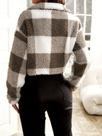 Plaid Print Off-shoulder Zipper Jacket - Coffee Color