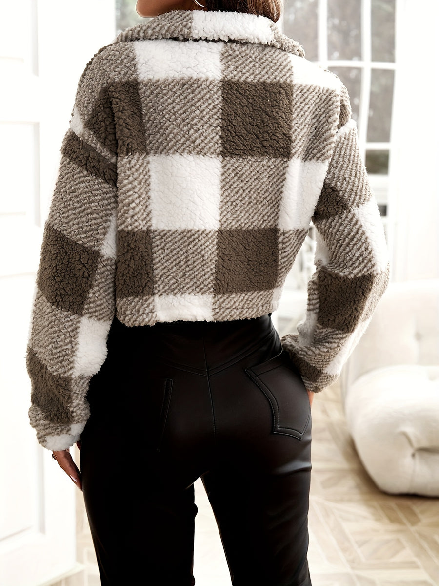 Plaid Print Off-shoulder Zipper Jacket - Coffee Color