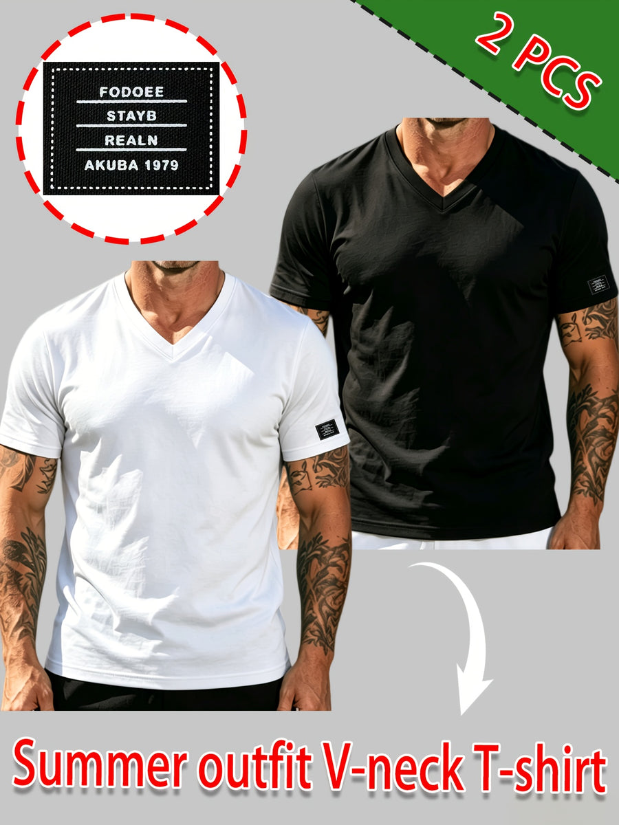 100% Cotton 2pcs Men's Basic V-Neck Pure Cotton Solid Color Short Sleeve T-Shirt, Soft and Skin-Friendly, Versatile Top for Fitness, Casual, and Daily Wear - White+black