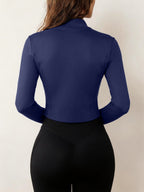 Stand-Up Collar Zipper Jacket Women'S Slim Fit High-Elastic Suit Long-Sleeved Thumb Buckle Top - Dark Blue