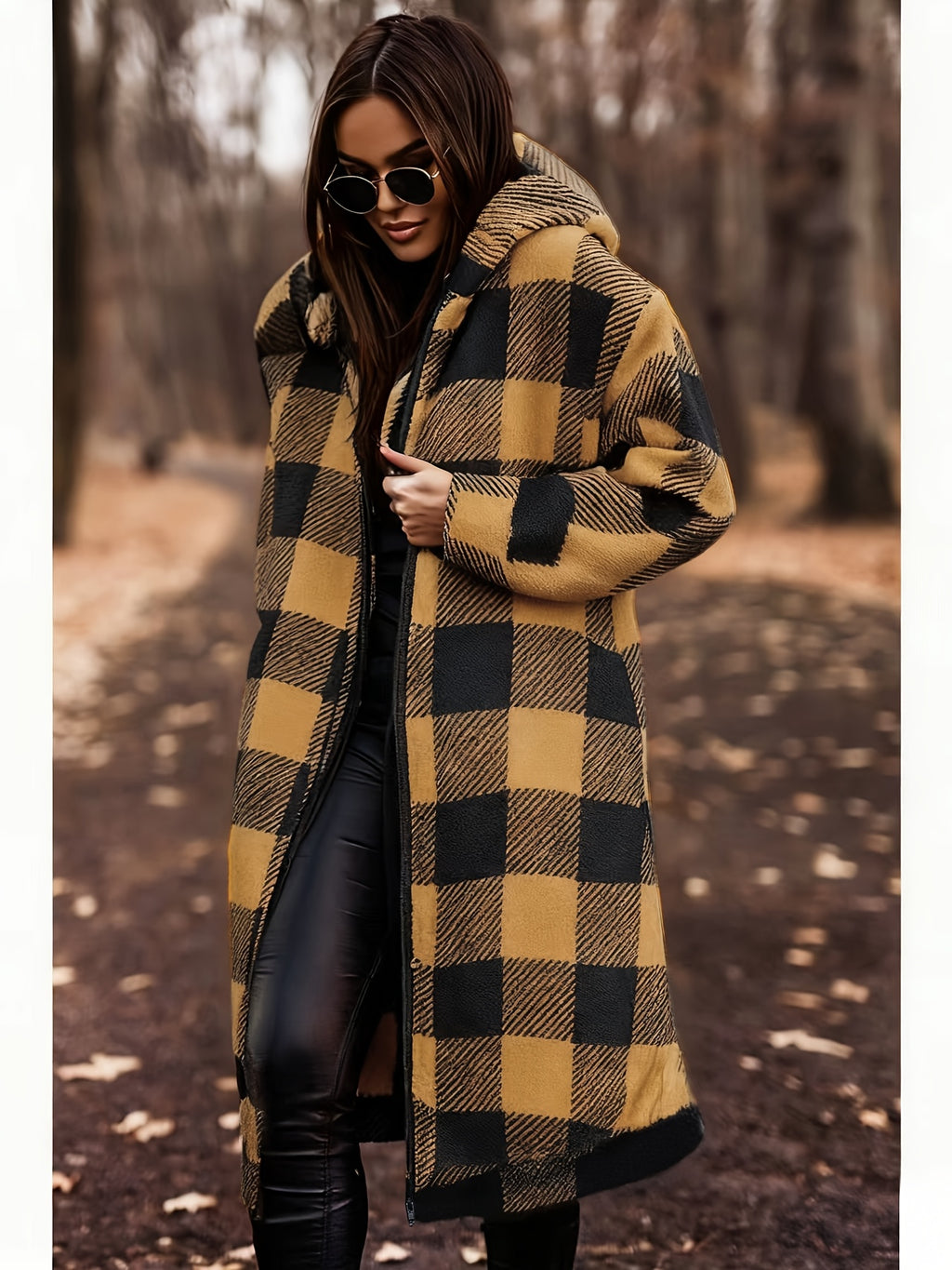 Winter Women's Hooded Cardigan, Two-Tone Plaid, Mid-Length, Thickened Warm Pea Coat - Yellowish-brown