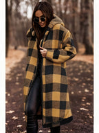 Winter Women's Hooded Cardigan, Two-Tone Plaid, Mid-Length, Thickened Warm Pea Coat - Yellowish-brown