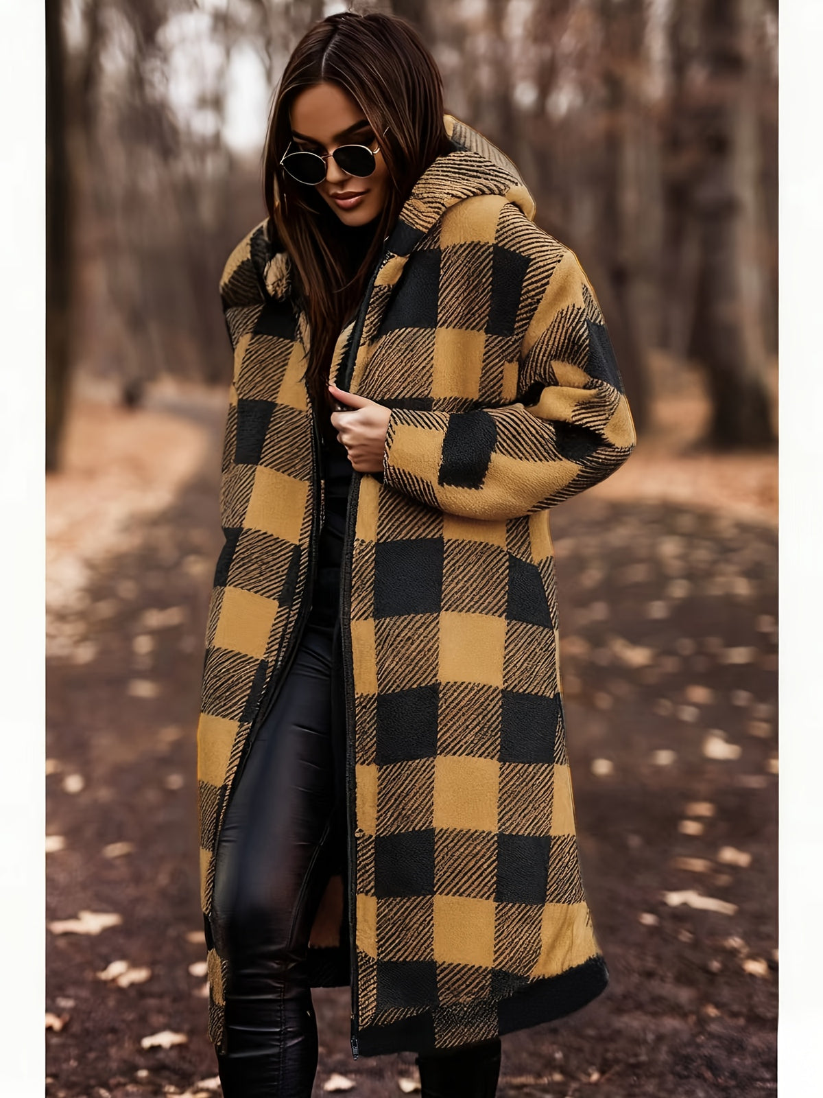 Winter Women's Hooded Cardigan, Two-Tone Plaid, Mid-Length, Thickened Warm Pea Coat - Yellowish-brown