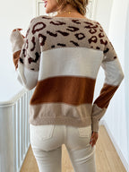 Autumn And Winter Leopard Print Color-Blocked Pullover Sweater - Mixed colors