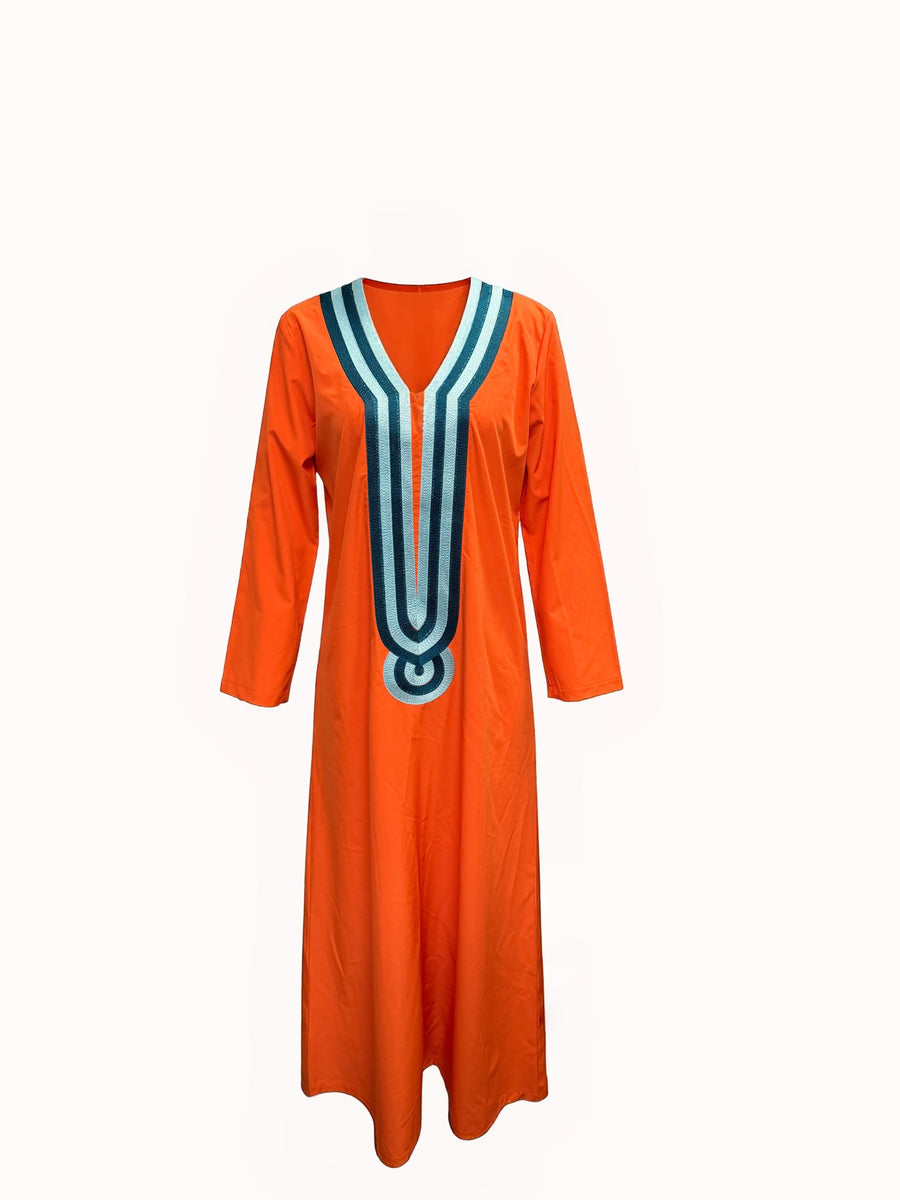 New Orange Long-Sleeve Kaftan Abaya, Featuring a Simple V-neck Design, a Smooth and Loose Fit, and Soft, The Long Length Conceals and Slims the Figure, Suitable for Both Daily Outings and Gatherings. This Vintage Exotic-style - Orange