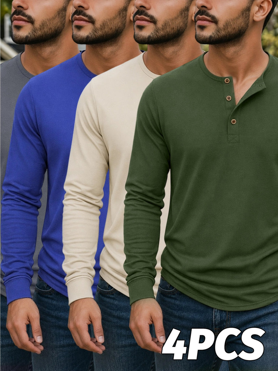 4pcs Set of Men's Spring, Autumn, and Winter Henley Neck Long-Sleeve T-Shirts, Breathable Vintage Casual Solid Color Half-Open Collar Tops, Comfortable and Versatile Base T-Shirts, Suitable for Daily Commuting, Light Business, Home, Sports - Khaki + Blue + Dark Gray + Green
