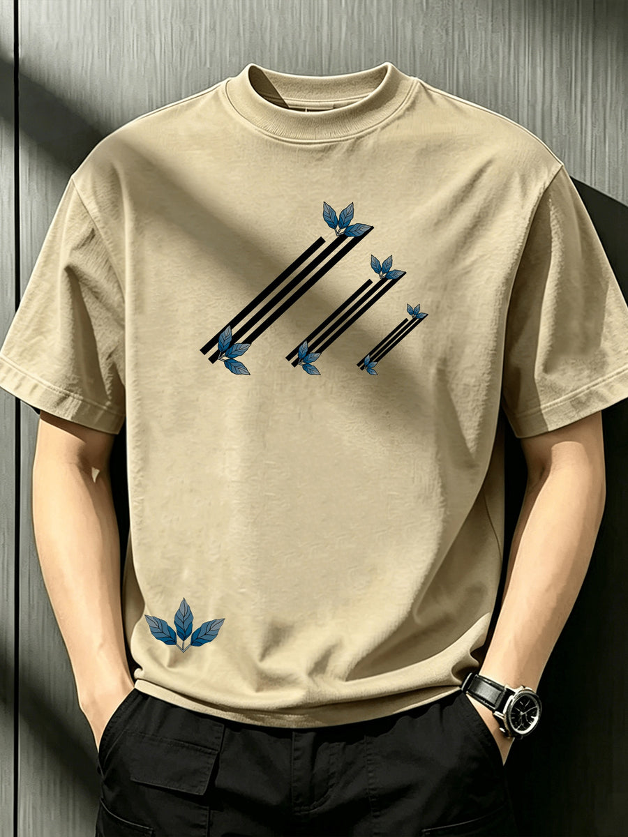 Men'S Crew Neck Loose T-Shirt with Staggered Slanted Stripes And Blue Maple Leaf Print, Fresh Artistic Style, Versatile Breathable Short Sleeve Top for Summer Daily Casual Wear - Khaki