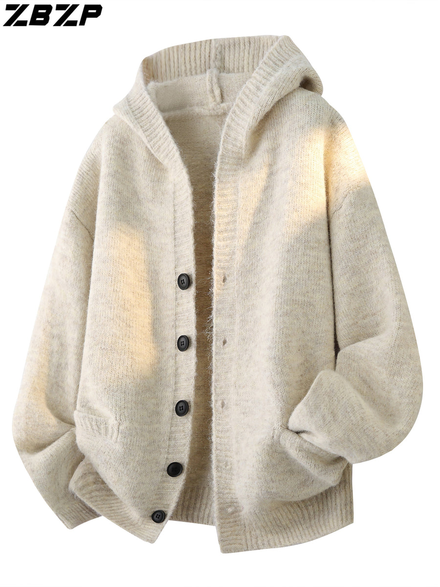 ZBZP Autumn/Winter Knitted 3D Solid Color Hooded Sweater, Basic Knit Cardigan, Men's Fashion Knitted Long-Sleeve Outerwear DM - Khaki