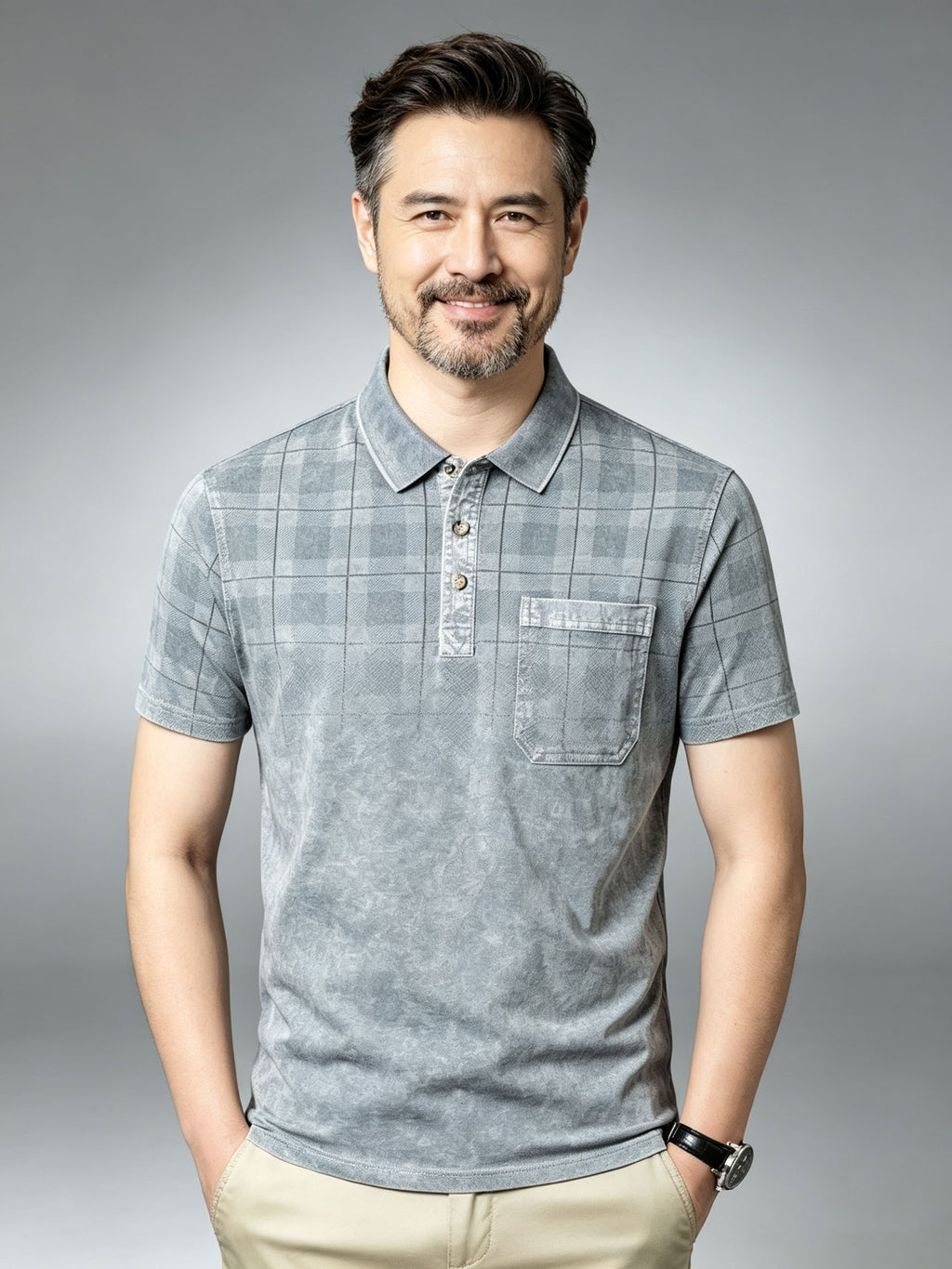 American-style Washed Distressed Short-Sleeve T-Shirt for Middle-Aged and Elderly, with Real Pockets, Casual Nostalgic Vintage Polo Shirt, Washed Distressed Fade Effect - Light Grey