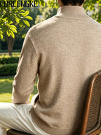FORLENGKE Autumn And Winter Men'S Zipper Knit Cardigan, Vintage Cable Knit Stand Collar Sweater Jacket, Neat And Fitted Fabric, Zippered Half-High Collar, Versatile for Multiple Occasions, Can Be Layered, Men'S Casual Knit Jacket - Apricot
