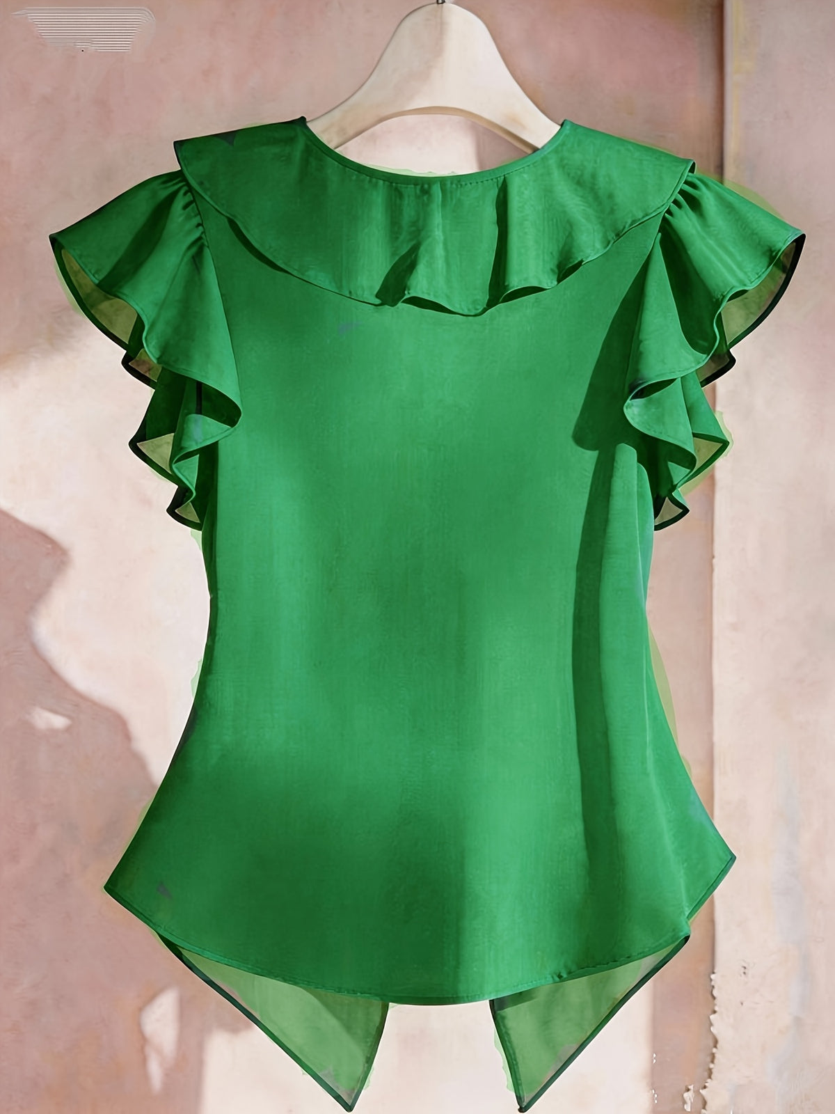 Summer French Solid Ruffled Fly Short Sleeve Shirt Chiffon Top Women'S - Green