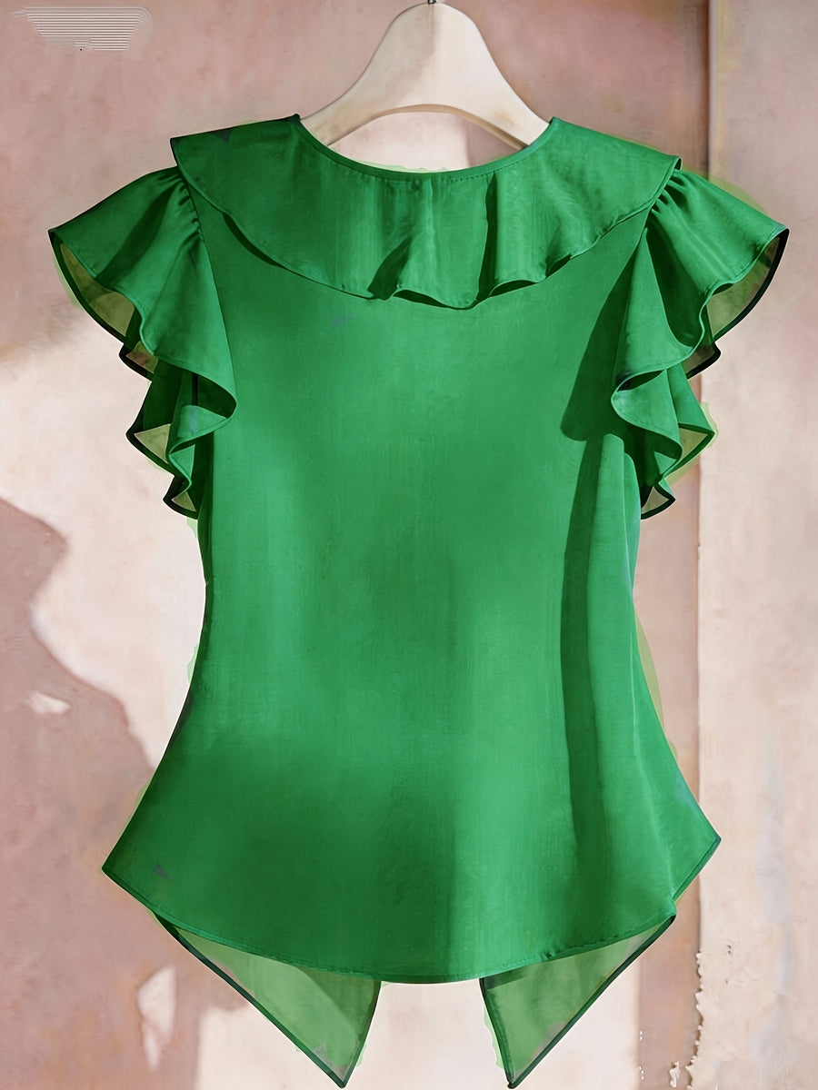 Summer French Solid Ruffled Fly Short Sleeve Shirt Chiffon Top Women'S - Green