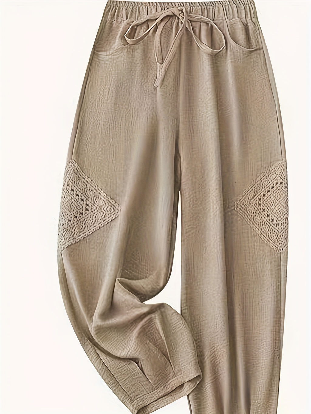 Women's Color Block Lace Casual Drawstring Waist Bow Capri Pants with Pockets - Khaki Brown