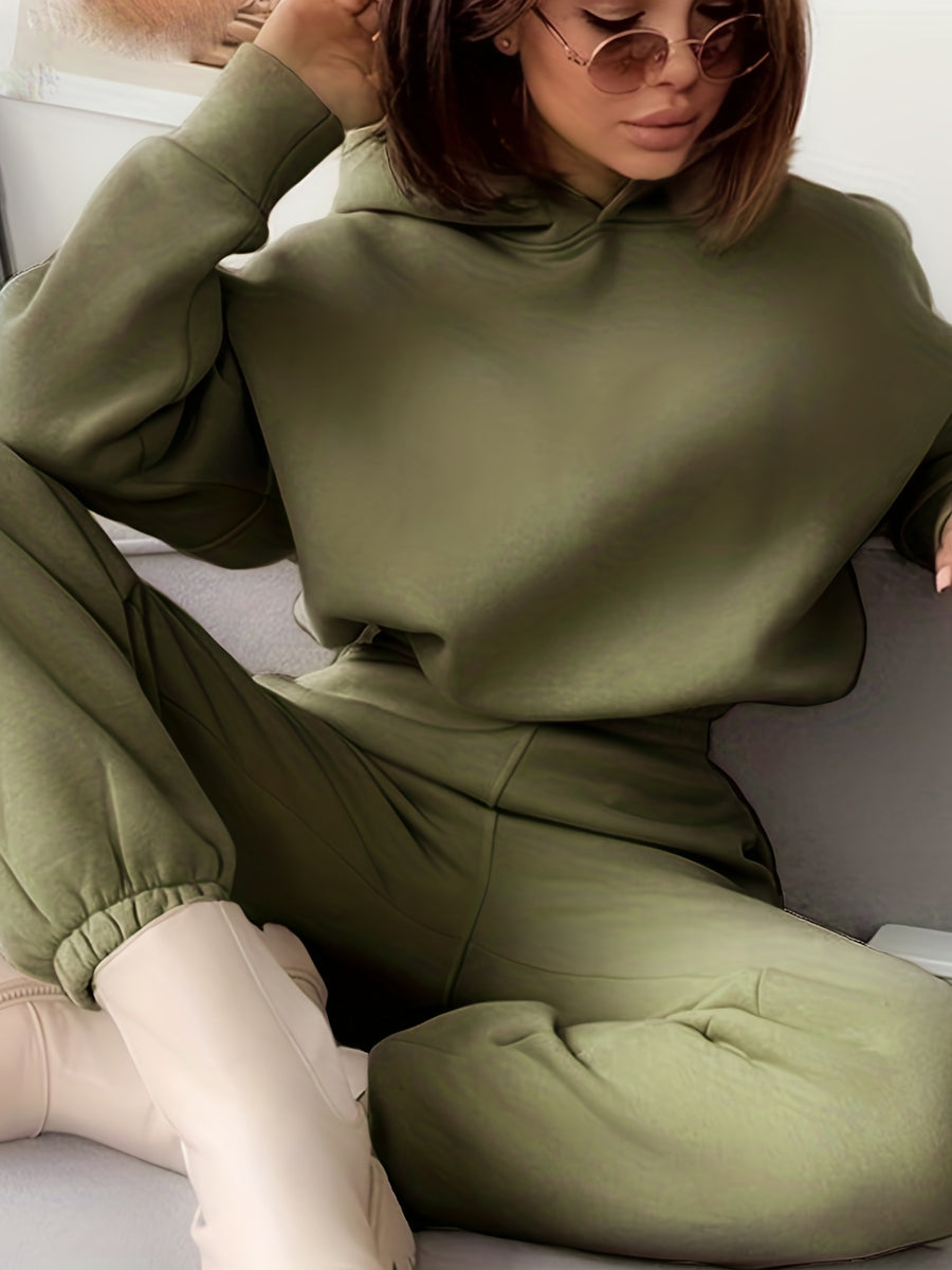 Women's Autumn/Winter New Hooded Sweatshirt Solid Color Set - Olive Green